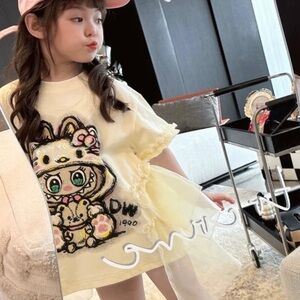 Girls' Cream Cartoon Graphic Short Sleeve Tunic